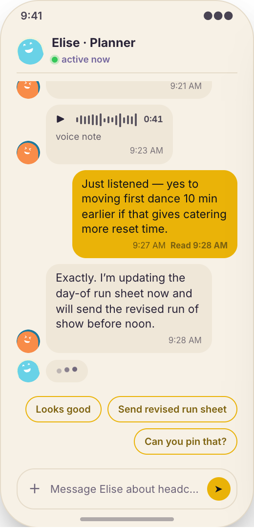 Wedding Planner prototype screen showing Planner chat in context
