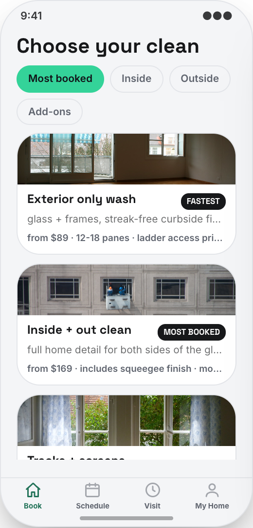 Window Cleaning Service prototype showing Service package menu