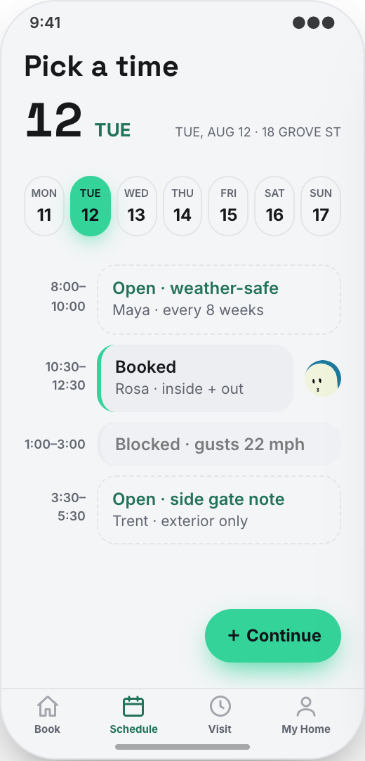 Window Cleaning Service prototype showing Clear price before booking