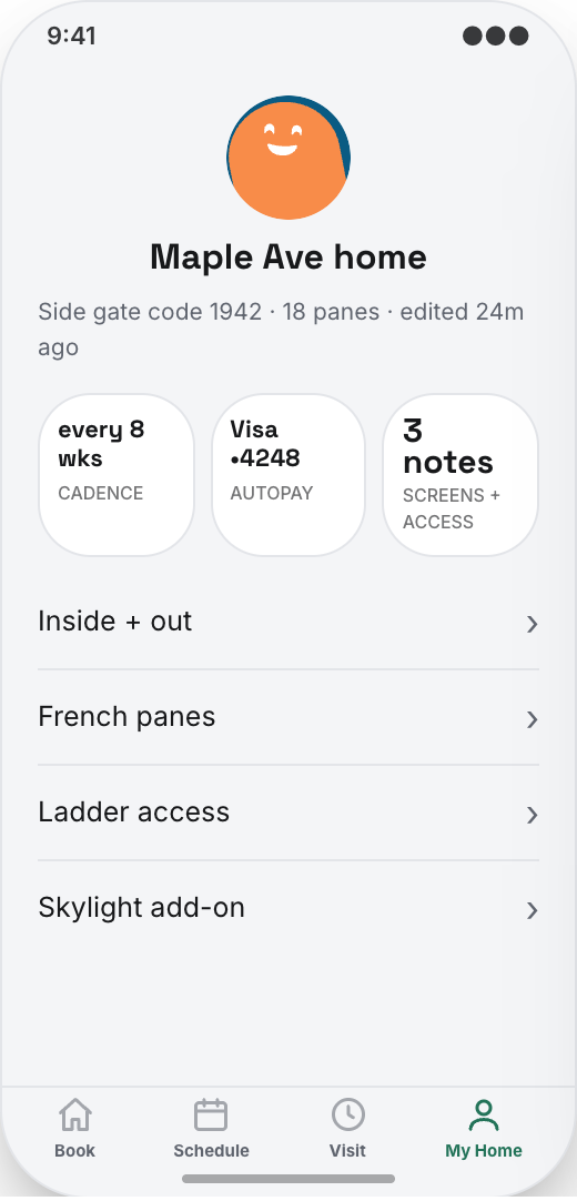 Window Cleaning Service prototype screen showing My Home notes