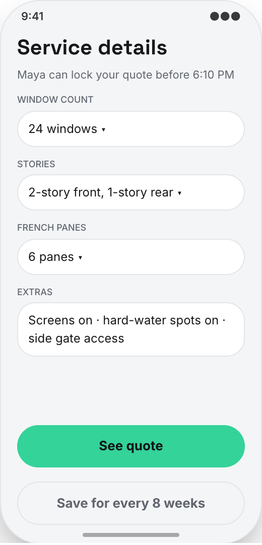 Window Cleaning Service prototype screen showing Visit status